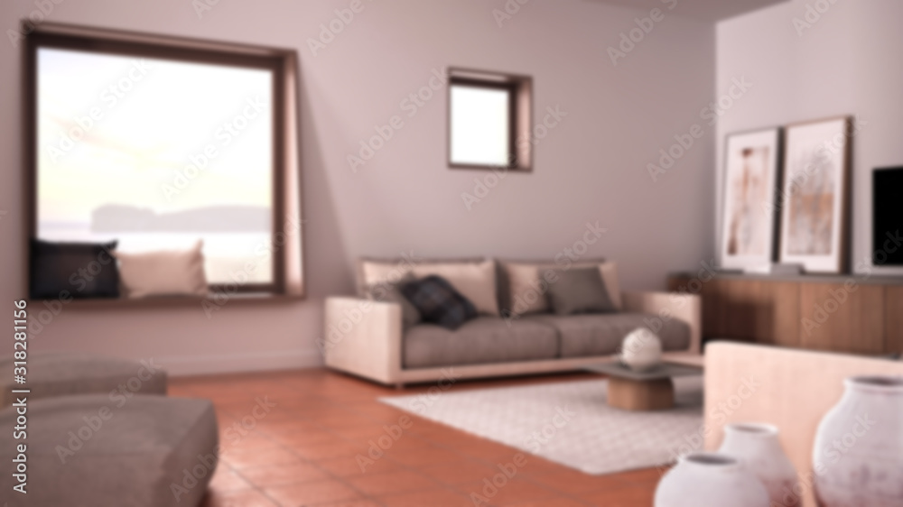Blur background interior design, cosy living room with sofa and pillows, lounge, carpet, coffee table with vases, pouf and decors, big square window, contemporary architecture Blur background interior design, cosy living room with sofa and pillows, lounge, carpet, coffee table with vases, pouf and decors, big square window, contemporary architecture