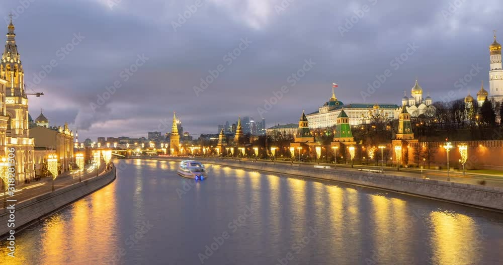 January 2020, Moscow Russia, Moscow river, evening time lapse, 4k, beautiful evening cityscape. January 2020, Moscow Russia, Moscow river, evening time lapse, 4k, beautiful evening cityscape.