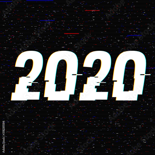 2020 glitch text in a frame. New Year concept. Anaglyph 3D effect. Technological retro background. Vector illustration. Creative web template. Flyer, poster layout. Computer program, TV channel screen