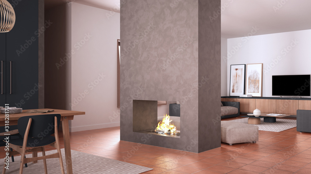 Cosy dark gray and beige living room with sofa, carpet, table and pouf, concrete modern fireplace, kitchen with dining table, terracotta tile floors, contemporary interior design Cosy dark gray and beige living room with sofa, carpet, table and pouf, concrete modern fireplace, kitchen with dining table, terracotta tile floors, contemporary interior design