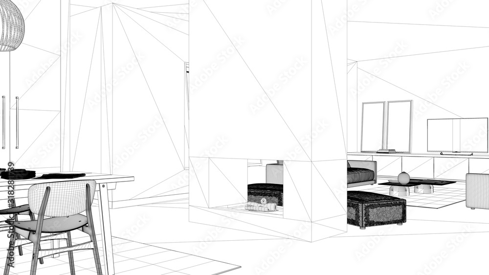 Fototapeta premium Blueprint project draft, cosy living room with sofa, carpet, coffee table with decors and pouf, modern fireplace, kitchen with dining table, contemporary interior design