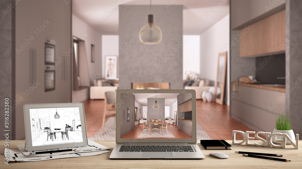 Architect designer desktop concept, laptop and tablet on wooden desk with screen showing interior design project and CAD sketch, blurred draft in the background, cosy gray kitchen Architect designer desktop concept, laptop and tablet on wooden desk with screen showing interior design project and CAD sketch, blurred draft in the background, cosy gray kitchen