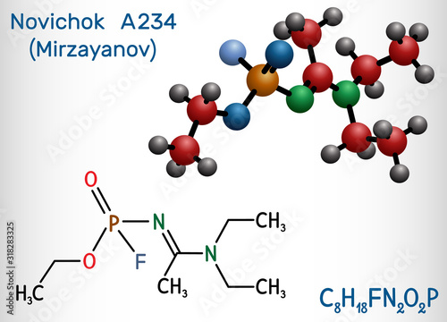 Novichok A-234 , organophosphate,  nerve agent, according to Mirzayanov, C8H18FN2O2P molecule. Structural chemical formula and molecule model