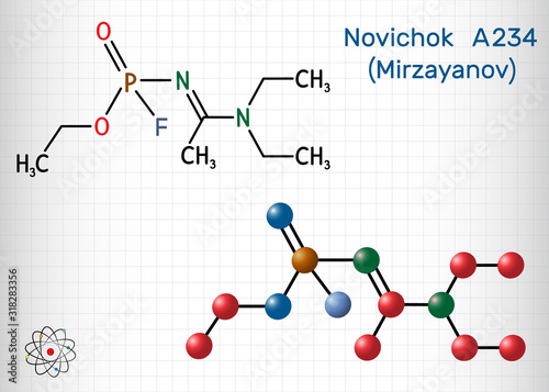 Novichok A-234 , organophosphate  nerve agent, according to Mirzayanov, C8H18FN2O2P  molecule. Structural chemical formula and molecule model. Sheet of paper in a cage