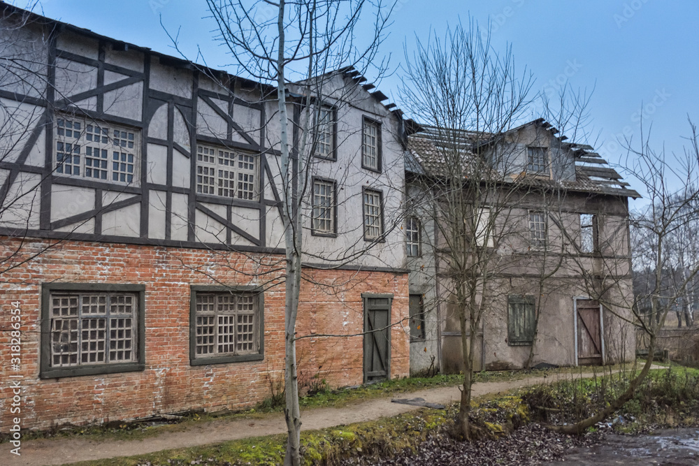 wooden medieval european house, 18th century european city building, old european-style wooden house