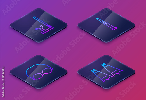 Set Isometric line Snorkel, Glasses and cap for swimming, Army knife and Rubber flippers for swimming. Blue square button. Vector