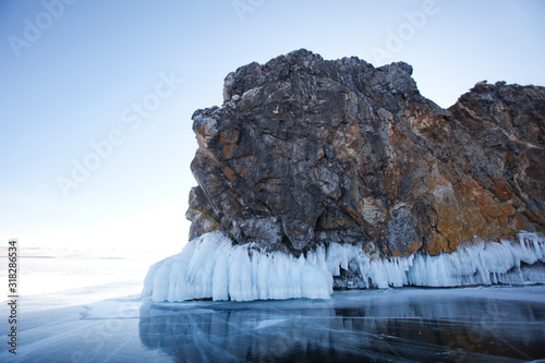 Cracks in ice. Lake Baikal, Oltrek island. Winter landscape