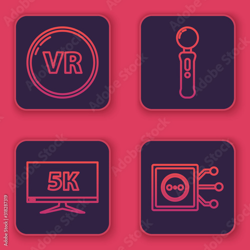 Set line Virtual reality, Monitor display with 5k video, Gamepad and Remote control. Blue square button. Vector