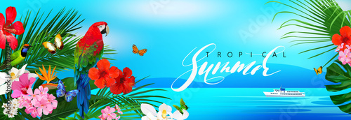 Beautiful tropical banner with flowers,butterfly,parrot and palm leaves on sea background