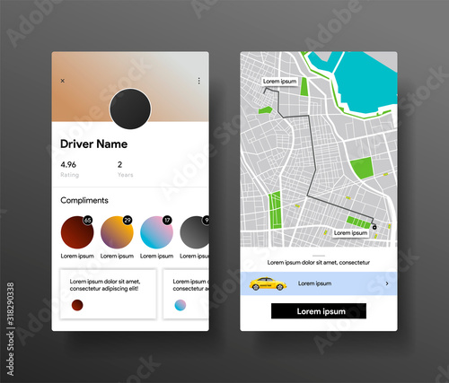 Taxi ordering app. Uber application style design. Rent car mobile guide. Driver profile or account with rating and awards. Map with location and destination. Take cab. Vector illustration