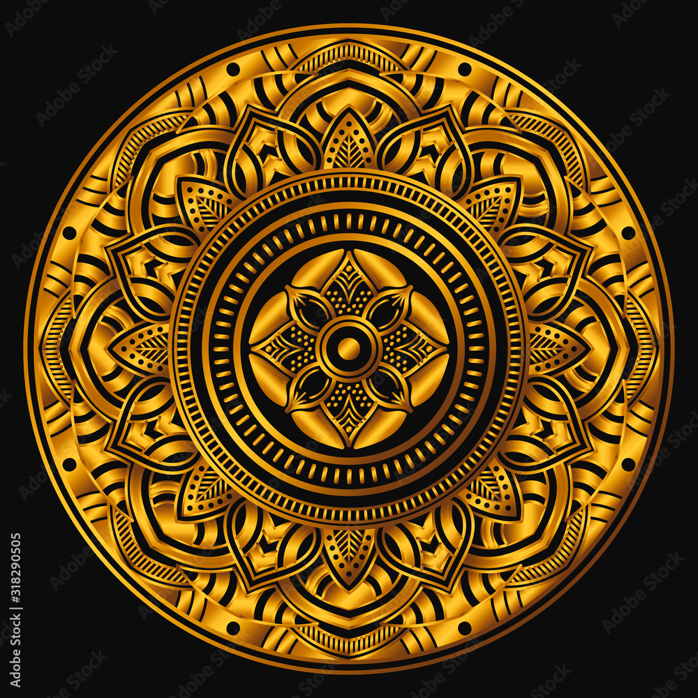 Fototapeta premium Golden mandala on a black background. Decorative round symbol, arabic motifs