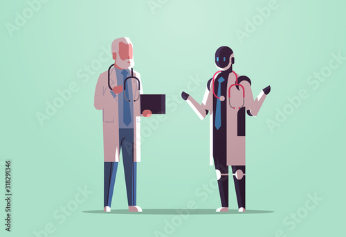 robot and human doctors discussing during meeting robotic character vs man with stethoscope standing together healthcare artificial intelligence technology concept flat full length horizontal vector