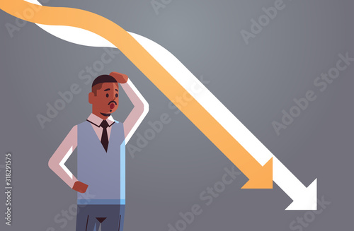 stressful businessman looking at falling down economic arrows chart graph financial crisis bankrupt investment failure risk concept portrait horizontal vector illustration