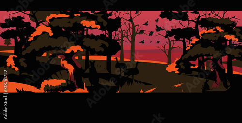 emu silhouettes escaping from forest fires in australia wildfire birds flying over bushfire burning trees natural disaster concept intense orange flames horizontal vector illustration