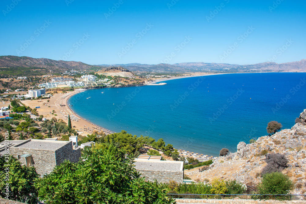 View of Vlycha bay (beach) with hotels near Lindos village (Rhodes, Greece)