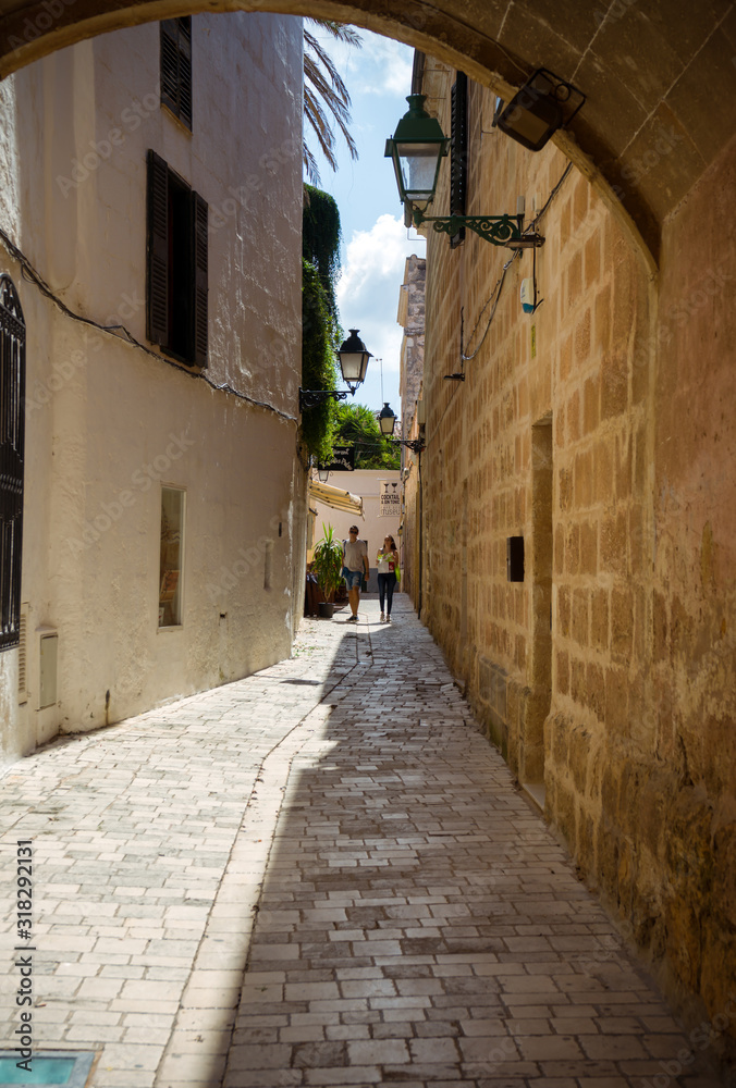 Street with colorful houses in old town of Ciutadella, Menorca, Balearic Islands, Spain, September, 2019
