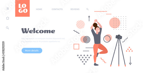 woman blogger doing yoga exercises recording online video with camera on tripod healthy lifestyle live streaming blogging concept horizontal copy space full length vector illustration