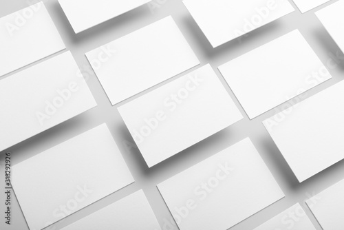 Real photo, business card collage mockup template, isolated on light grey background to place your design. 