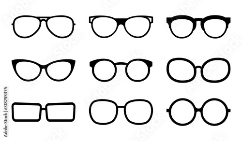 Set of black glasses. Linear frames on a white background. Isolated. Vector illustration