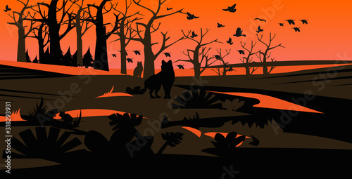 wolves silhouettes escaping from forest fires in australia wildfire birds flying over bushfire burning trees natural disaster concept intense orange flames horizontal vector illustration