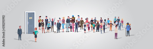 businesspeople candidates standing in line queue to door office hiring job employment concept different occupation workers group waiting for interview horizontal full length vector illustration