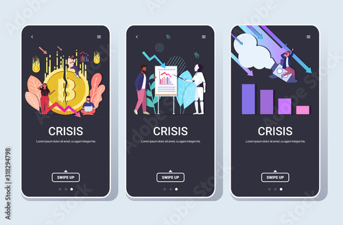 set businesspeople frustrated about financial crisis collapse of crypto currency startup failure artificial intelligence concepts collection full length smartphone screen mobile app horizontal vector