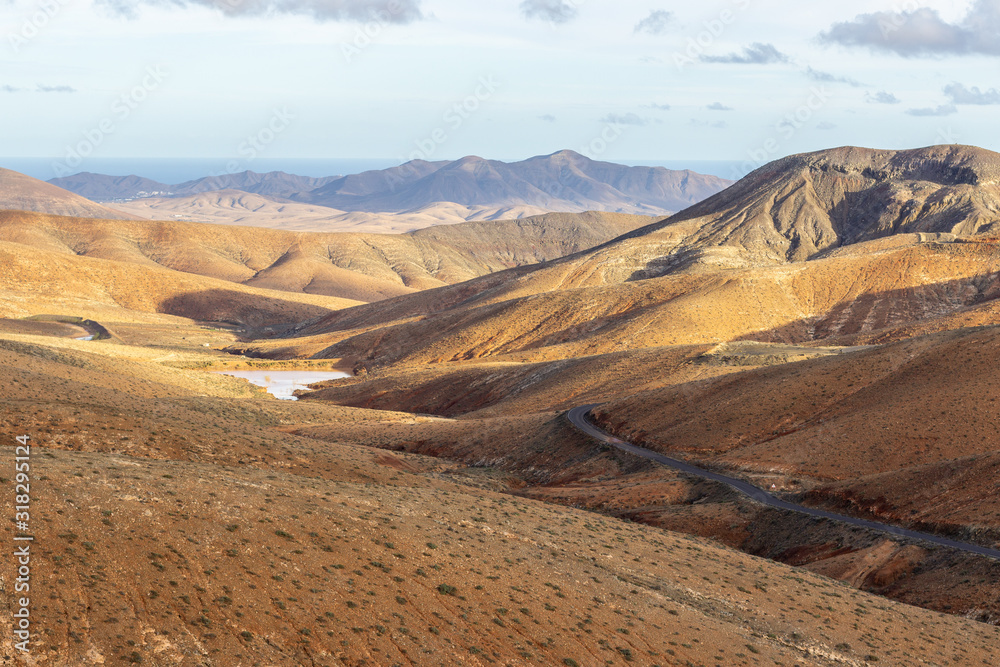 Panoramic view at landscape from viewpoint mirador astronomico de Sicasumbre between Pajara and La Pared   on canary island Fuerteventura