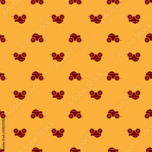 Red Wooden four-wheel cart with hay icon isolated seamless pattern on brown background. Vector Illustration