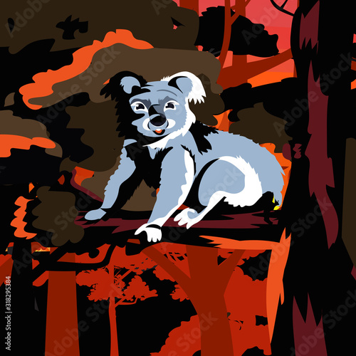 koala bear sitting on tree forest fires in australia animals dying in wildfire bushfire natural disaster concept intense orange flames vector illustration