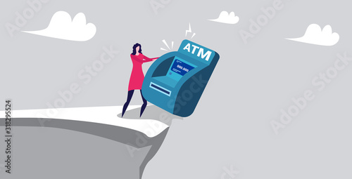 businesswoman pushing ATM machine into abyss financial crisis failure bankruptcy concept horizontal full length vector illustration