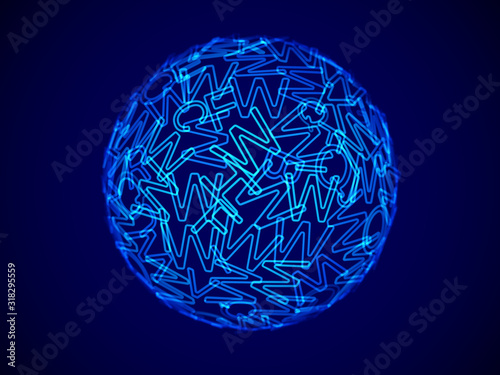 Globe or sphere made of random letters of English alphabet. Abstract visualization of global digital education and communication technology. Learning English online background. Vector illustration.