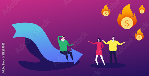 stressful businesspeople frustrated about flaming dollar symbol falling down economic arrow downward chart graph financial crisis bankrupt investment failure risk concept full length horizontal vector