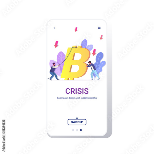 stressed businessmen holding huge bitcoin businesspeople stopping falling down coin financial crisis bankrupt investment risk concept full length smartphone screen mobile app vector illustration