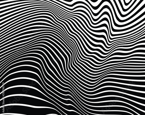 Digital image with a psychedelic stripes Wave design black and white. Optical art background. Texture with wavy, curves lines. Vector illustration