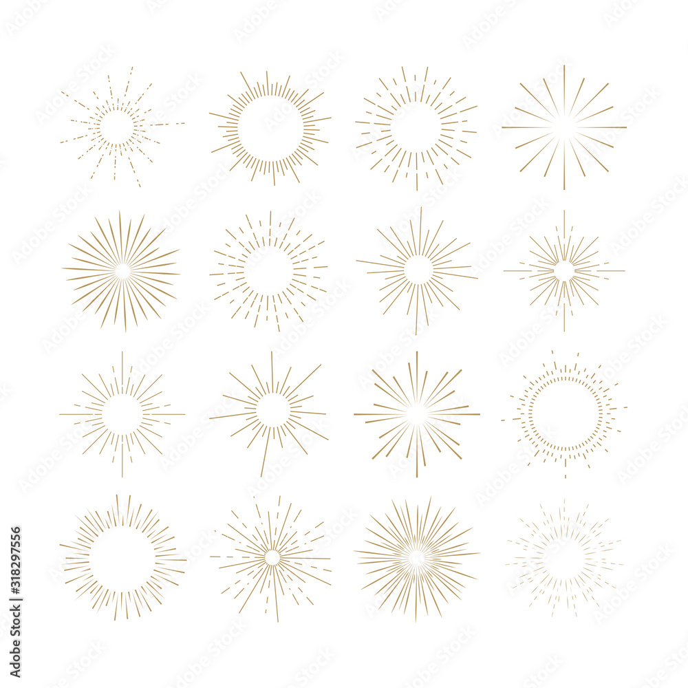 Set of vintage gold sunburst. Vector linear sun. Sunlight logo icon emblem for your design