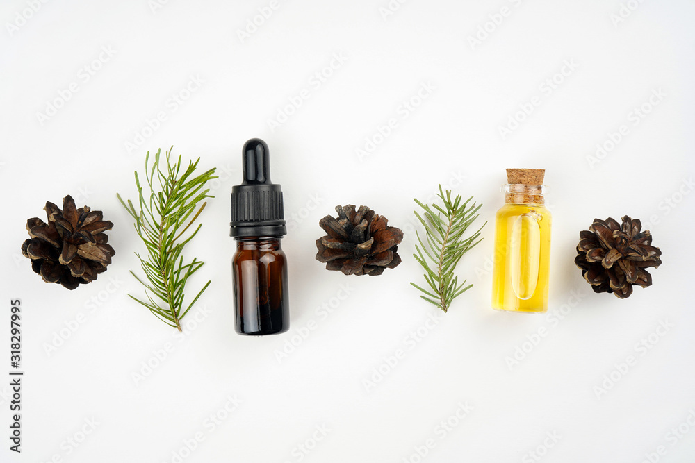 Pine aroma essential oil in bottles, fir branches, cones in row, white background. Spa, beauty, healthcare concept. Top view, flat lay, copy space - obrazy, fototapety, plakaty 