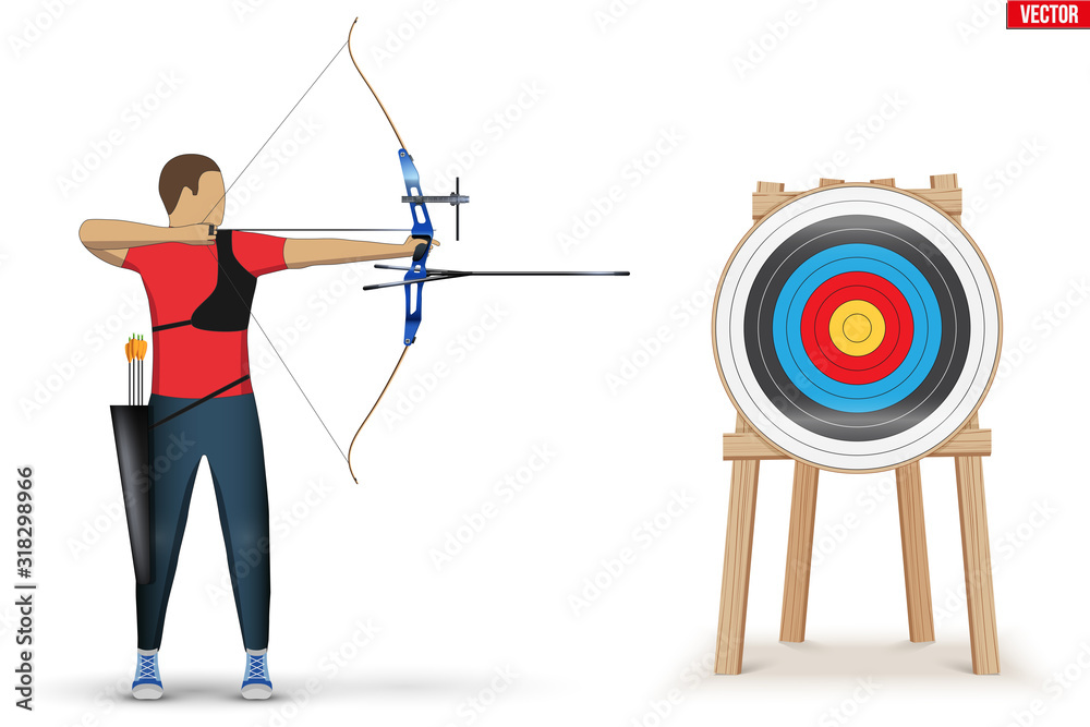 Archer with Bow Archery and Target. Athlete Archer Man Aiming an arrow