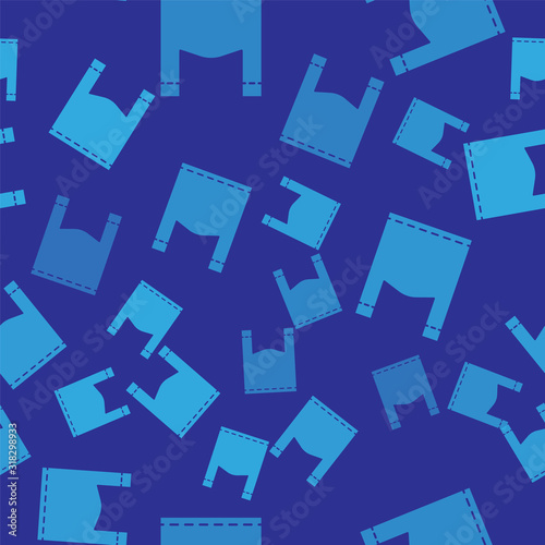 Blue Plastic bag icon isolated seamless pattern on blue background. Disposable cellophane and polythene package prohibition sign. Vector Illustration