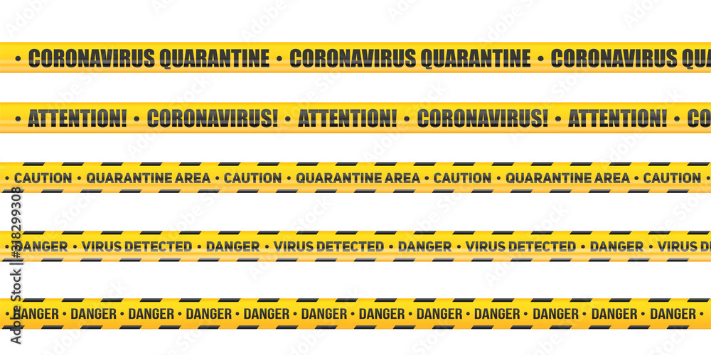 Coronavirus Caution and warning tape. Set of Seamless tapes hazard quarantine. Epidemic barrage lines. Vector Illustration isolated on white background. - obrazy, fototapety, plakaty 