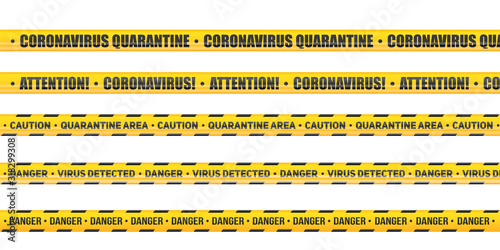Coronavirus Caution and warning tape. Set of Seamless tapes hazard quarantine. Epidemic barrage lines. Vector Illustration isolated on white background.