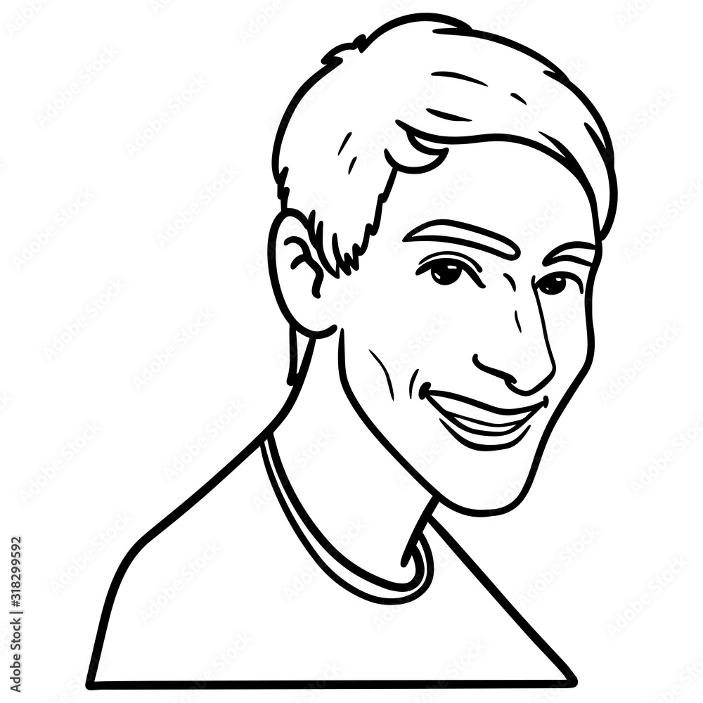 Monochrome vector illustration of a young man laughing nicely at the camera. emotion, avatar, isolated.