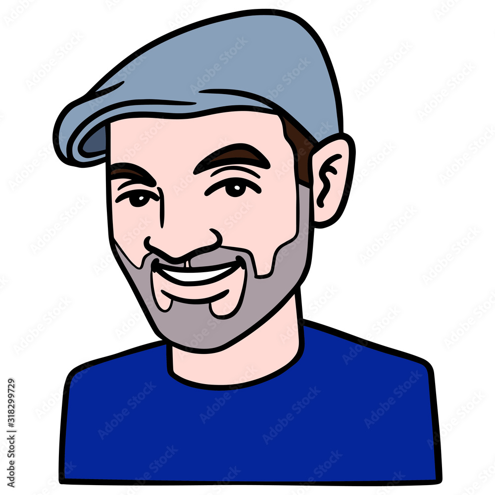 comic drawing of a man with a three-day beard and a cap. laugh, emotions, blue t-shirt, avatar, funny.