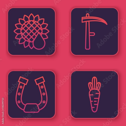 Set line Sunflower, Horseshoe, Scythe and Carrot. Blue square button. Vector