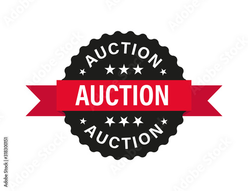 Auction sign or tag with red ribbon vector isolated. Business vector illustration. Auction red band sign. Banner sale tag. Vector emblem. Badge icon banner.