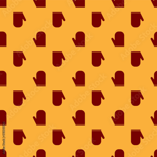 Red Oven glove icon isolated seamless pattern on brown background. Kitchen potholder sign. Cooking glove. Vector Illustration