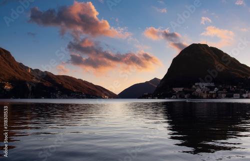 Red sunset on lake Lugano photo