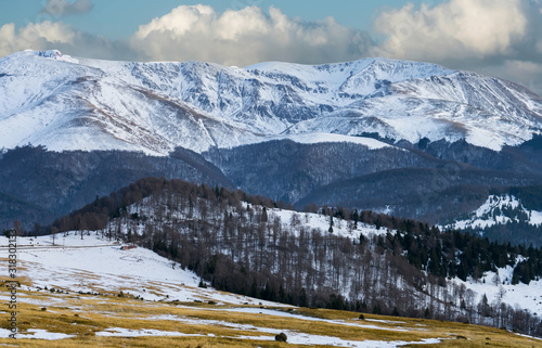 Fotografia, Obraz View of the mountains, covered with pine and snow, a cloud falls to the top