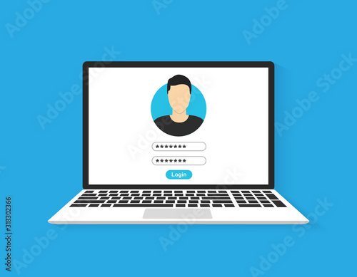 Laptop with login form page on screen. Vector illustration