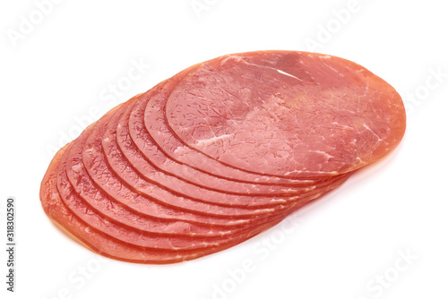 Sliced Smoked Ham sausage, isolated on white background
