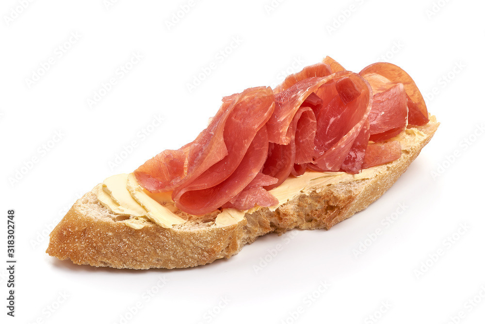 Italian prosciutto crudo sandwich, isolated on white background Italian prosciutto crudo sandwich, isolated on white background